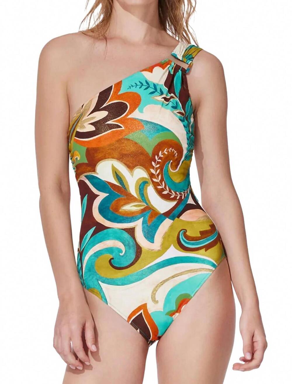 NEW GOTTEX porto one shoulder one piece in multi brown